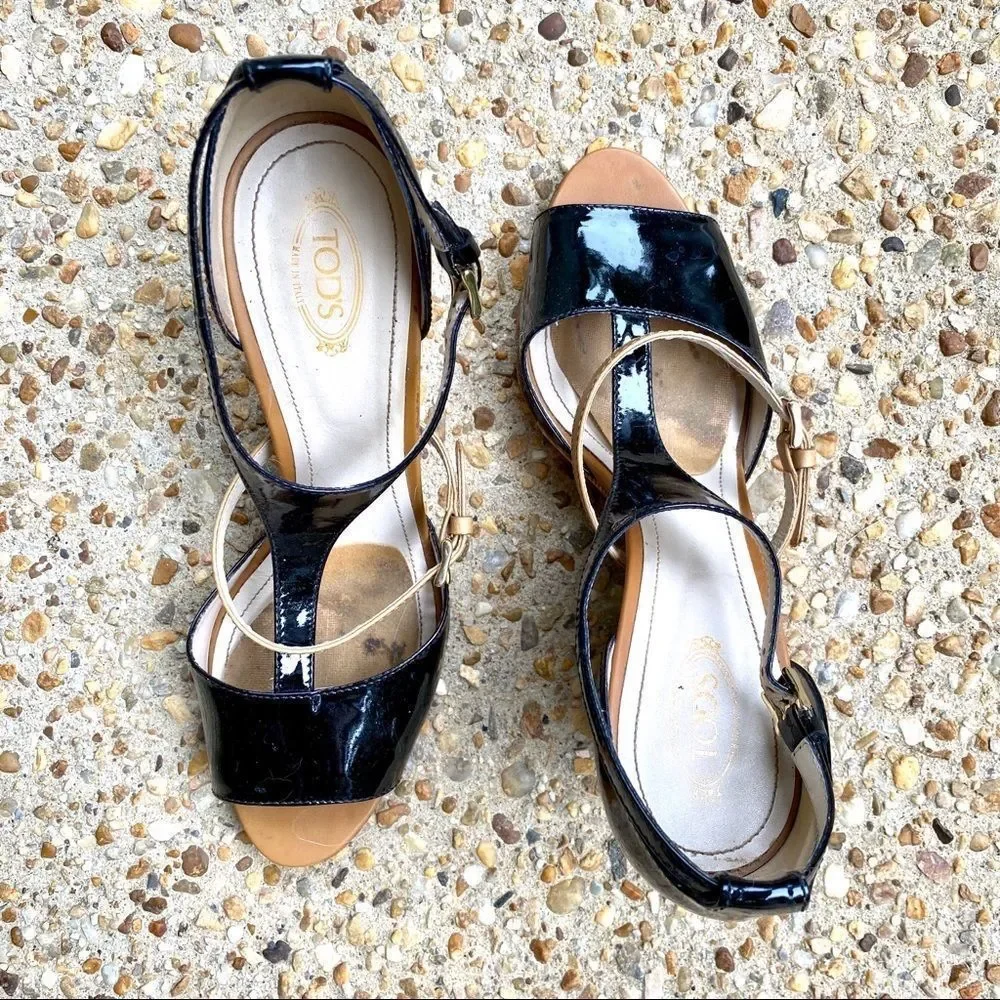 Tod’s Zeppa Wedge Black Patent BrownSandals 41